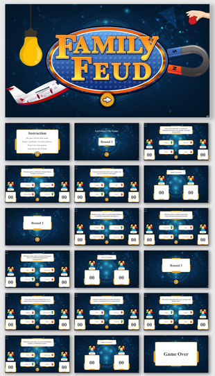 Blue themed family feud game slide deck with vibrant icons, quiz slides, and scoreboards for teams.