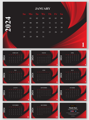 Dark themed 2024 calendar slide deck with bold red abstract curves and each month displayed in a minimal white font layout.