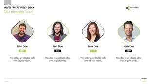 Investment pitch deck slides showcasing four team members with their photos, names, CEO titles, and text area.