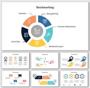 Benchmarking process infographic PPT slides showing key steps in a colorful layout design with icons and descriptions.