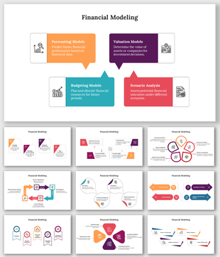 PowerPoint slides on financial modeling with different colorful layout designs and icons with text descriptions.