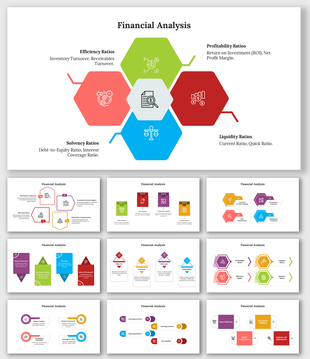 Slide deck with hexagonal and arrow shaped diagrams in various colors, presenting financial analysis concepts.
