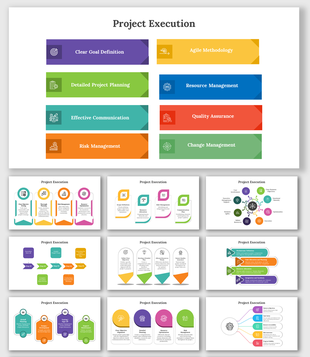 Series of slides illustrating project execution with vibrant layouts, icons, and colored blocks representing various stages.