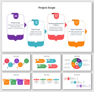 Project scope slide with four descriptive sections, each featuring icons and color-coded text boxes for visual emphasis.