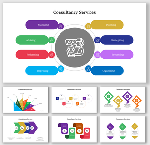 Consultancy services slides highlighting key service areas in different colorful layout designs with icons and text.