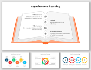 Asynchronous learning slides showcasing an open book with various learning options in different colorful layout designs.