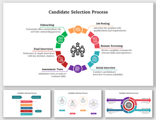 Slide deck showing the candidate selection process in circular and linear diagrams, using icons and multiple color segments.