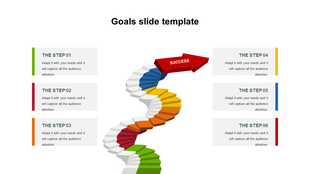Goals slide template featuring a winding 3D staircase in multiple colors, at the top and six labeled steps on the sides.