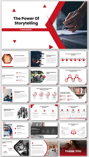Slides showcasing storytelling's significance, historical roots, digital storytelling, and future trends in a modern design.
