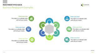 Business PPT slide featuring a hexagon surrounded by colorful icons for growth, innovation, team, and settings with text.