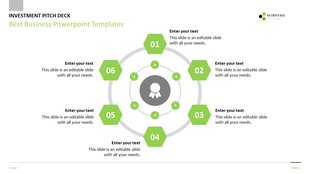 Business slide with a circular flow diagram, six numbered hexagons connected with arrows, featuring a central icon.