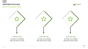 Business model slide featuring three diamond shaped icons with green highlights, and placeholder text on a white background.