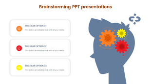Brainstorming infographic with a gear-filled head silhouette on the right and three descriptive options with icons. 