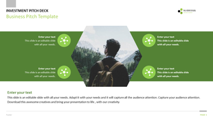 Business pitch slide with a person facing the mountains, three green hexagonal placeholders with text captions.