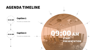 An agenda timeline slide showcasing a meeting room, with time markers indicating the start of a presentation at 09:00 AM.