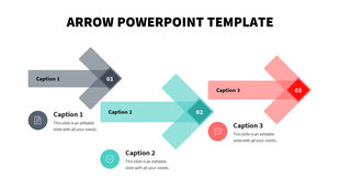 Arrow template with three overlapping right arrows in gray, blue, and red, each labeled with a number and caption areas.
