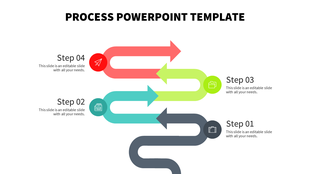 Process template with four curved arrows in dark, blue, green, and red, each labeled with a step number and icon.