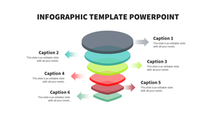 Infographic slide with a six layer 3D funnel in dark, blue, green, red, and gray, each linked to captions by arrows.
