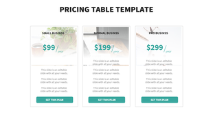 Modern pricing table with three business plans in cards, featuring images, pricing details, and a call to action button.