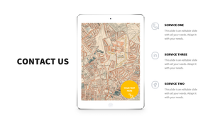 Contact Us slide featuring a tablet displaying a vintage map, a yellow placeholder text areas, and three service icons.