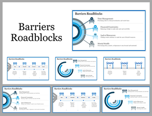 Slides on barriers and roadblocks, featuring categories like time management, financial constraints, and mental health.