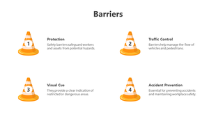 Four numbered traffic cones arranged in a grid, each paired with a caption areas highlighting different barrier functions. 