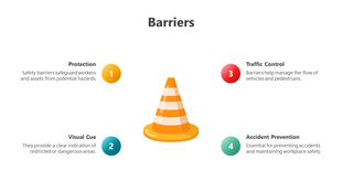 Safety barrier diagram slide highlighting four functions protection, traffic control, visual cue, and accident prevention.