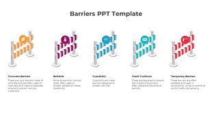 Slide showcasing different types of barriers from concrete to temporary barriers with color coded icons and text descriptions.