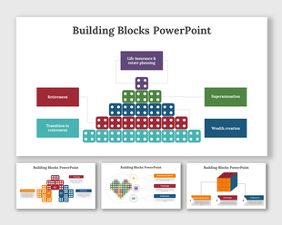 Building Blocks PPT slides illustrating financial planning concepts with a pyramid of dice blocks and labeled categories.