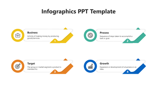 Infographic featuing four geometric design with arrows in yellow, green, orange, and blue, each with a circular icon.