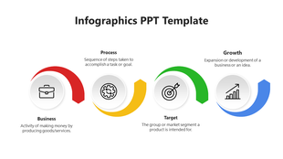 Infographic PPT template with four steps represented by colorful curved arrows and icons on a white backdrop.