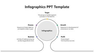 Circular infographic design with four dots in blue, purple, orange, teal, and green, each describing a business related term.