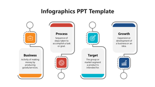 Infographics slide featuring a colorful structured flowchart with business, process, target, and growth sections with icons.