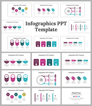 Collection of infographic slide previews in magenta, teal, and yellow tones, featuring business and process diagrams.
