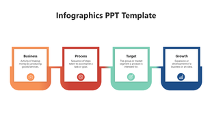 Infographic template with four connected boxes in orange, red, teal, and blue, representing business stages with icons.