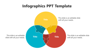 Venn diagram template with three colorful overlapping circles in yellow, teal, and red, each with title sections.