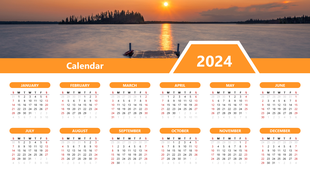 2024 calendar template with twelve orange labeled months below a lake sunset image and bold calendar header section.