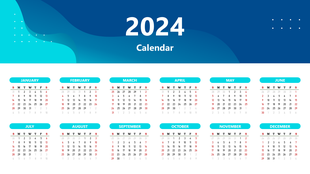 Minimalist 2024 calendar featuring monthly grids with highlighted weekends and a modern blue gradient design.
