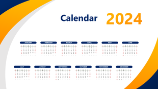 2024 calendar layout with all twelve months in two rows beneath bold header text, on a blue and orange curve background.