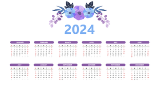 2024 calendar design featuring purple accents, floral artwork at the top, and months displayed in a grid format.