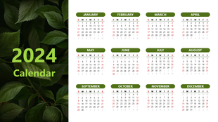 Elegant 2024 calendar PowerPoint template with a nature inspired green theme and a leaf textured background.