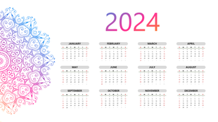 2024 calendar with all twelve months arranged in a grid, featuring a mandala design on the left and gradient year title.