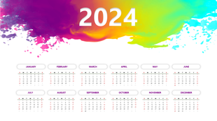Colorful 2024 calendar featuring vibrant rainbow watercolor splash with the year prominently displayed in white text.