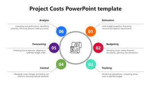 Project cost diagram with six multicolor circles in a layout, each linked to text placeholders and a central finance icon.