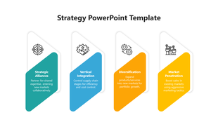 Strategic planning infographic with 4 diagonal panels featuring slanted design and white business strategy icons.