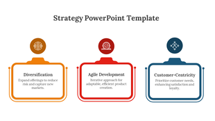 Business strategy slide featuring colorful icons and descriptions for diversification, agile development, and customer focus.