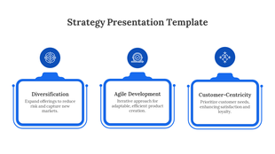Strategy slide with three blue boxes, each labeled with an icon and description, arranged horizontally.