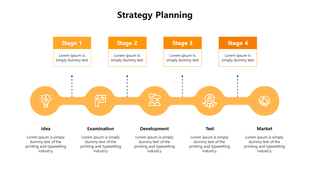 A strategic planning diagram featuring four steps, each represented by an icon and placeholder text areas.