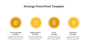 Strategy template with four yellow circles, each containing an icon and labeled with a strategy and description beneath.