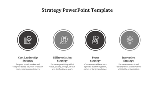 Strategy slide with four black and gray circular icons, each labeled with a strategy and accompanied by a short description.